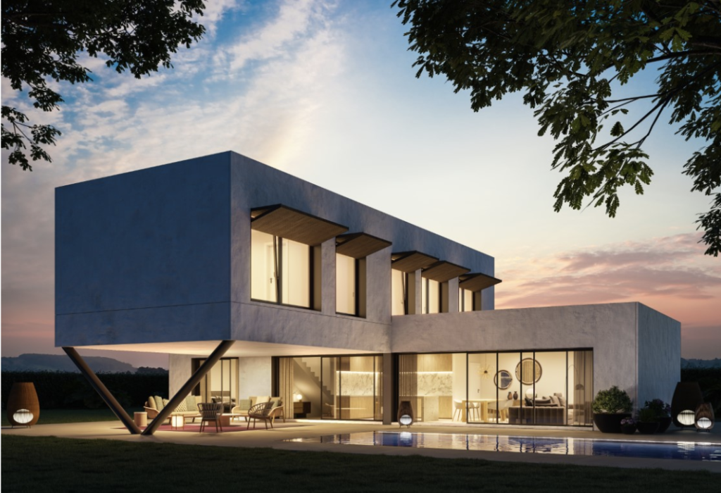 Casa prefabricada moderna de Hormipresa Living con diseño innovador, incluyendo formas geométricas y ventanas grandes que maximizan la luz natural.