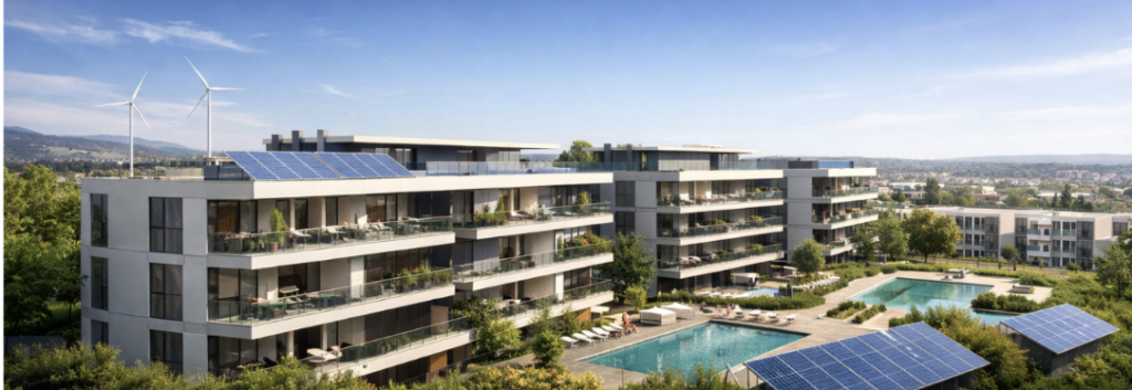 Edificio residencial sostenible con paneles solares y energía renovable.