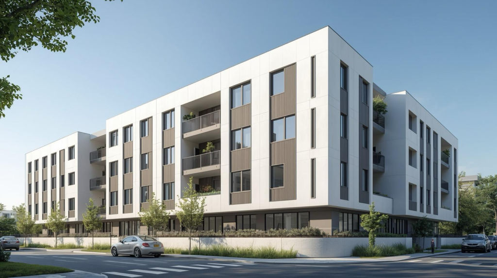 Edificio moderno con diseño eficiente energéticamente, fachada y balcones.