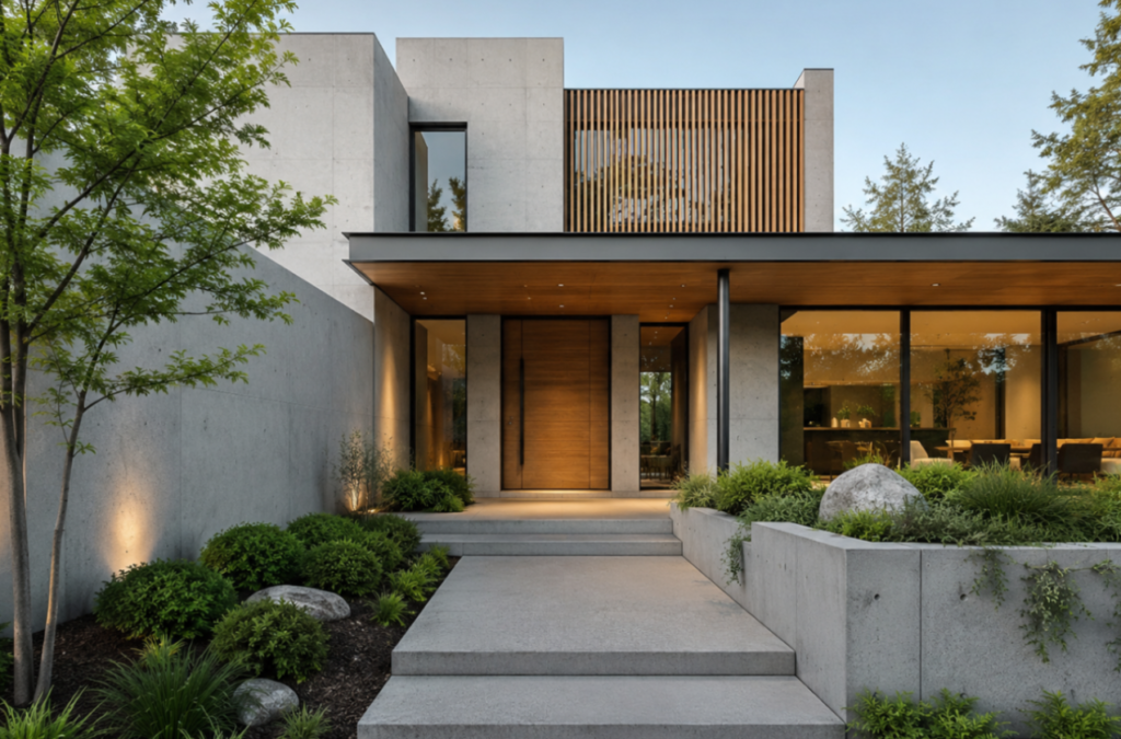 Casa moderna de líneas limpias, grandes ventanales, terraza exterior, jardín cuidado y una arquitectura pensada para conectar interior y exterior.