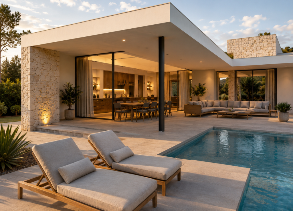 Casa prefabricada moderna con piscina y terraza exterior. Casa prefabricada moderna con piscina, grandes ventanales y terraza exterior al atardecer.