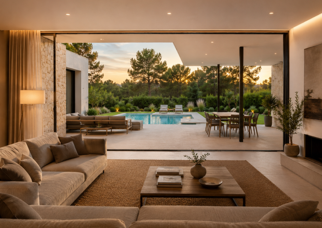 Casa prefabricada con piscina mostrada desde el interior de la propiedad.