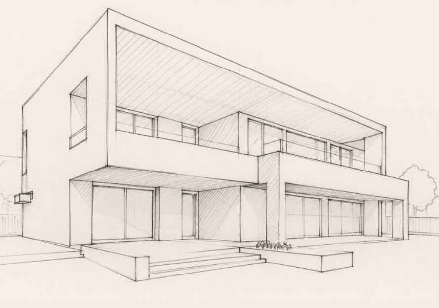 Boceto arquitectónico de una vivienda prefabricada durante el proceso de diseño personalizado de Hormipresa Living.