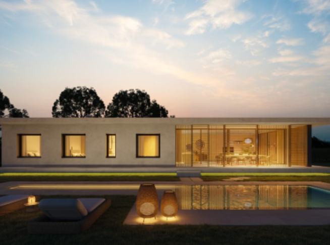 Casa prefabricada de hormigón de diseño contemporáneo con piscina y grandes ventanales